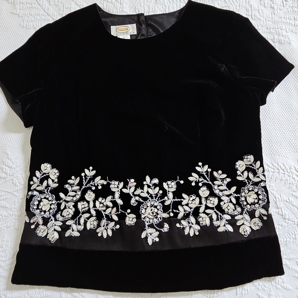New Talbots top beaded rhinestone silk blend velvet satin trim blouse party 6P